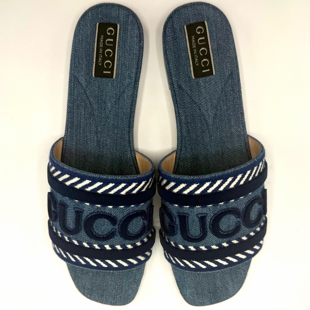 NEW NIB Gucci Logo Blue White Denim Jane Flat Slides EU 39.5